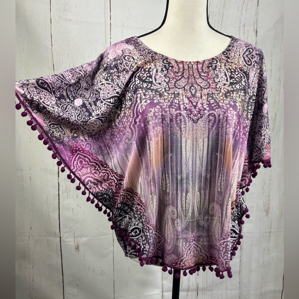 World Unity Pom Pom Purple Blouse Top Rhinestones Batwing Sleeve